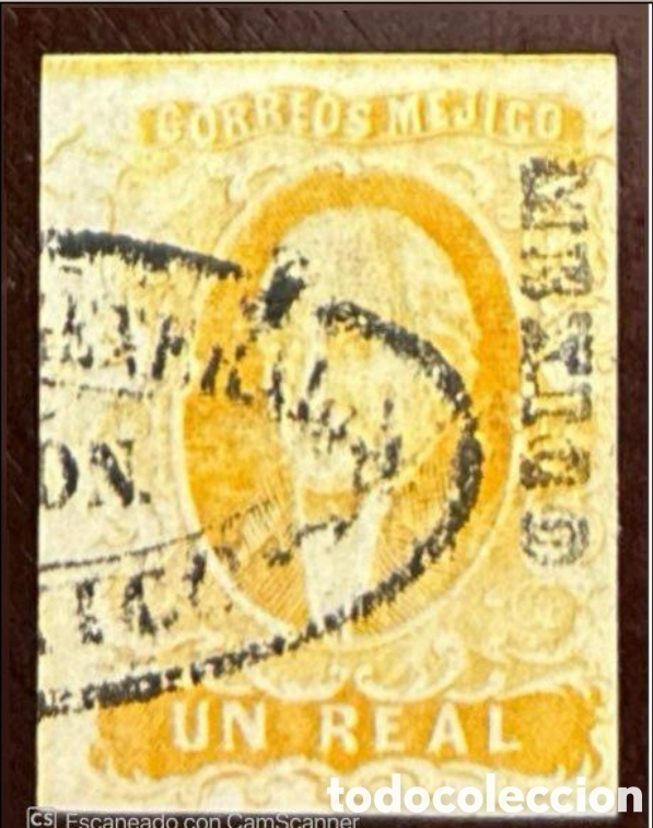 Sellos: CA)1856 DISTRITO: M&Eacute;XICO 1 real with double-line oval cancellation. Scott: 2. Estimado: 40 usd