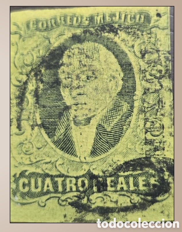 Sellos: CA)1861.DISTRICT: M&eacute;xico 4 reales with circular cancellation. Double transfer on top. Scott: 9. E