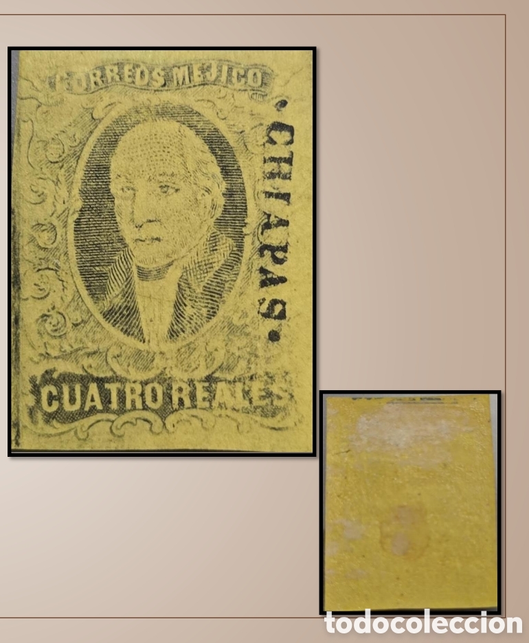 Sellos: CA)1861.DISTRICT: Chiapas 4 reales. REPRINT FAKE OVERPRINT. Scott: 9. Estimado: 50 usd