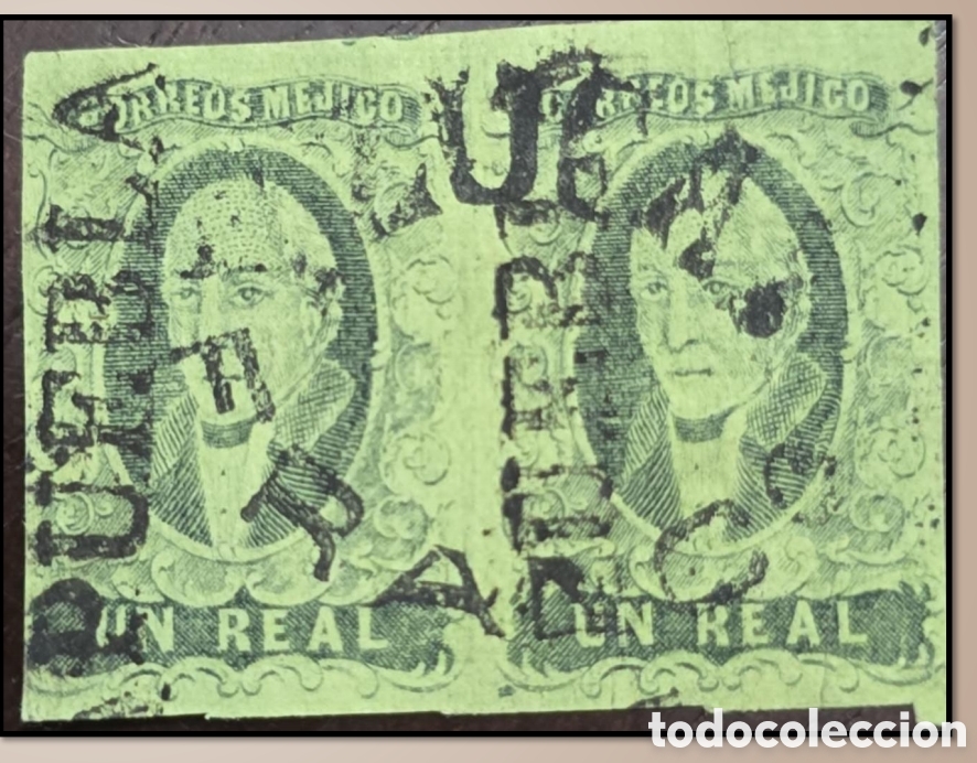 Sellos: CA)1861.DISTRICT: Puebla Puebla, pair of 1 real with large district name and cancellation &rdquo;Franco