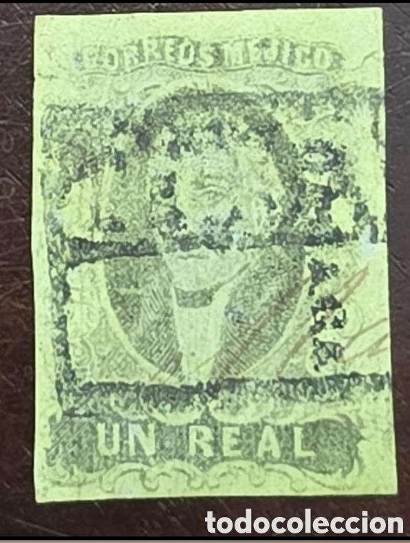 Sellos: CA)1861.DISTRICT: OAXACA &frac12; real with box cancellation and manuscrit. Scott: 7. Estimado: usd