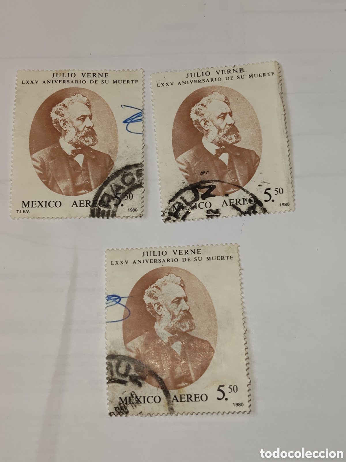 Sellos: 3 sellos de M&eacute;xico 75 aniversario de la muerte de Julio Verne 1980