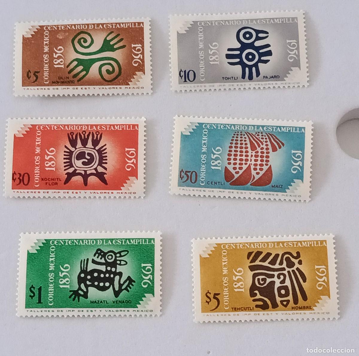 Sellos: Sellos M&eacute;xico 1956 H. 1. I Centenario del sello de M&eacute;xico. Dise&ntilde;os aztecas.