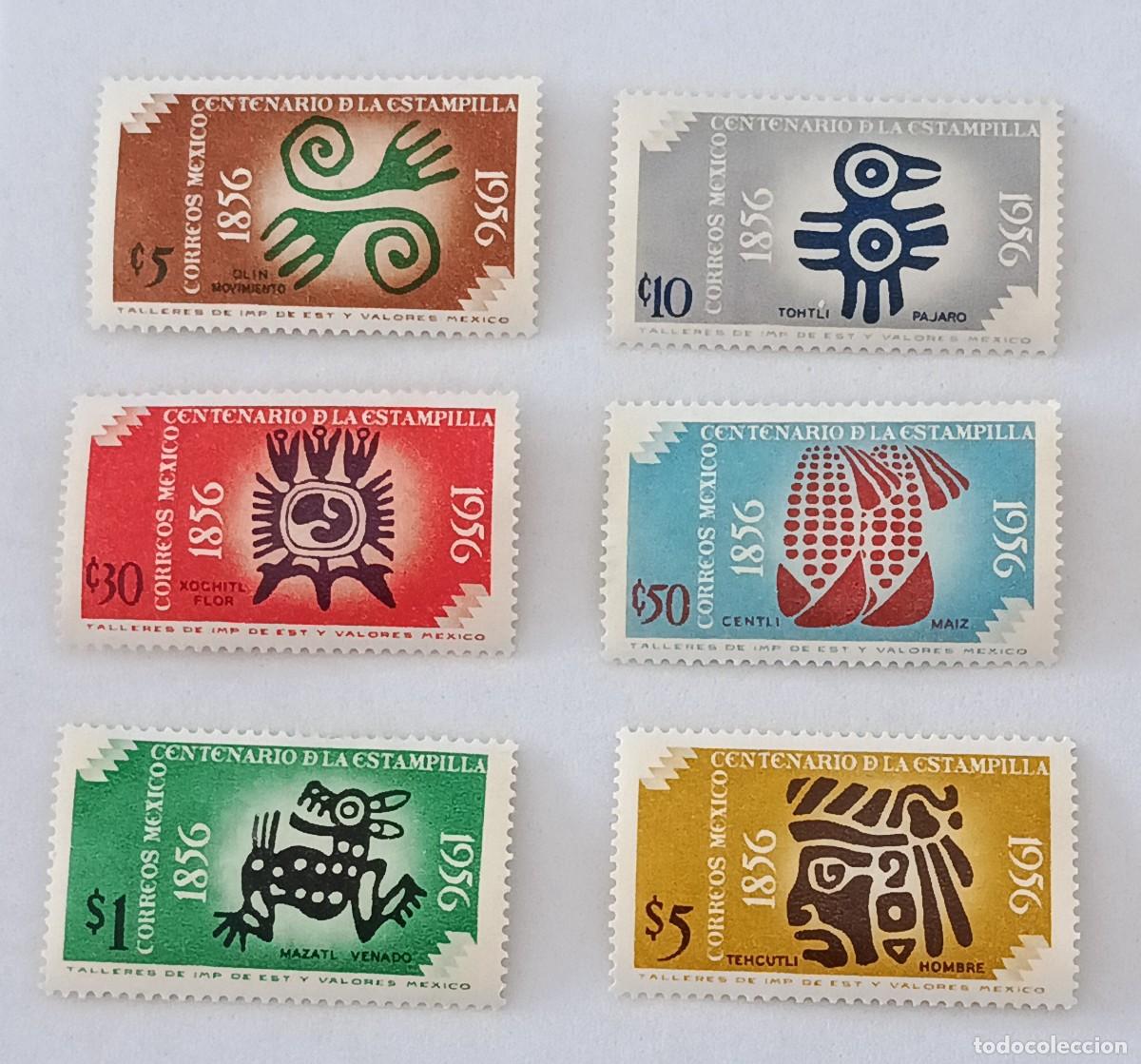 Sellos: Sellos M&eacute;xico 1956 H. 1. I Centenario del sello de M&eacute;xico. Dise&ntilde;os aztecas.