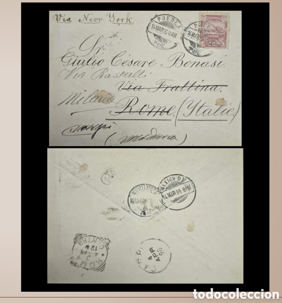 Sellos: SM4)1896.Puebla. Mexico.Cover circulated to Rome, Italy, bearing 10 centavos Mulita stamp, with do