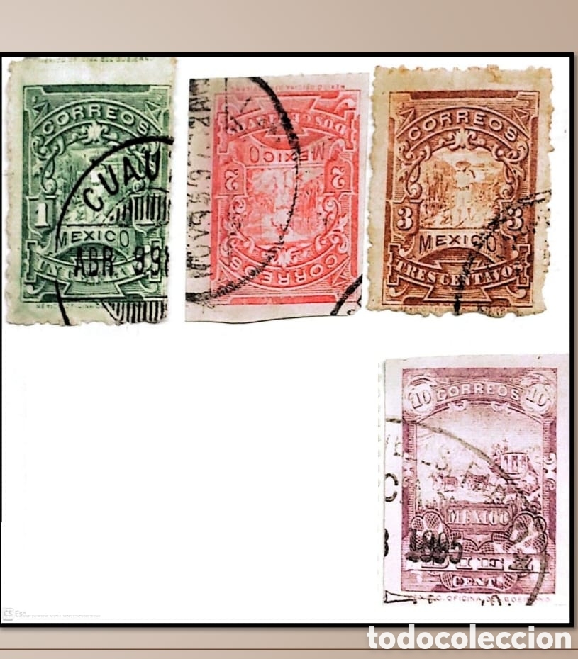 Sellos: SM4)1895. MEXICO. Mulitas. 1, 2, 3 and 10 centavos used stamps. Estimado: 40 usd