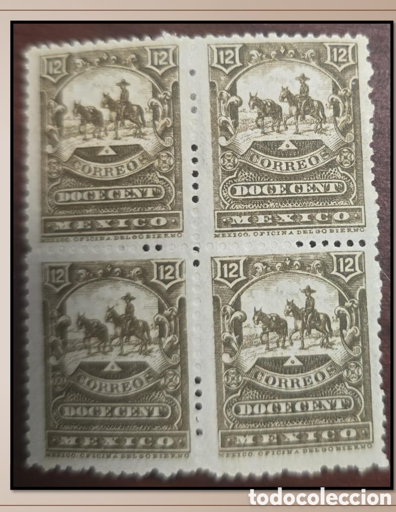 Sellos: SM4)1895. MEXICO.Mulitas, block of 4 stamps of 12 cent. &ldquo;CORREOS EUM&rdquo; watermark. MNH. Scott: 249