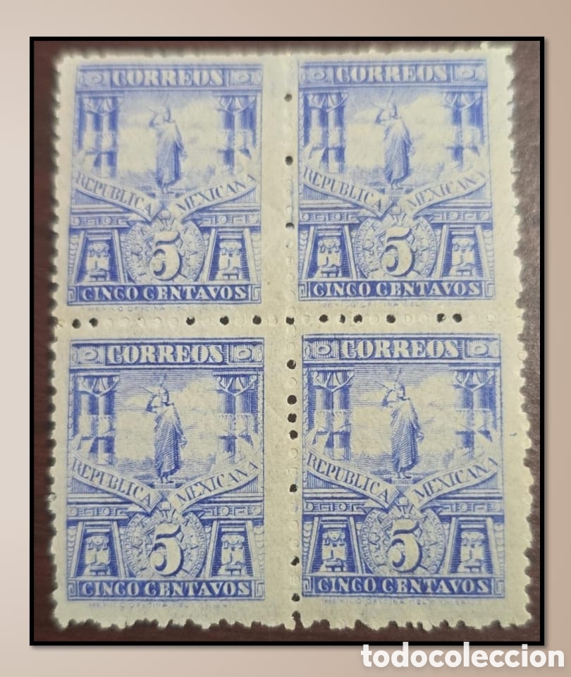 Sellos: SM4)1895. Mexico.Mulita, Cuauhtemoc statue, block of 4 stamps of 5 centavos. &ldquo;CORREOS EUM&rdquo; waterma