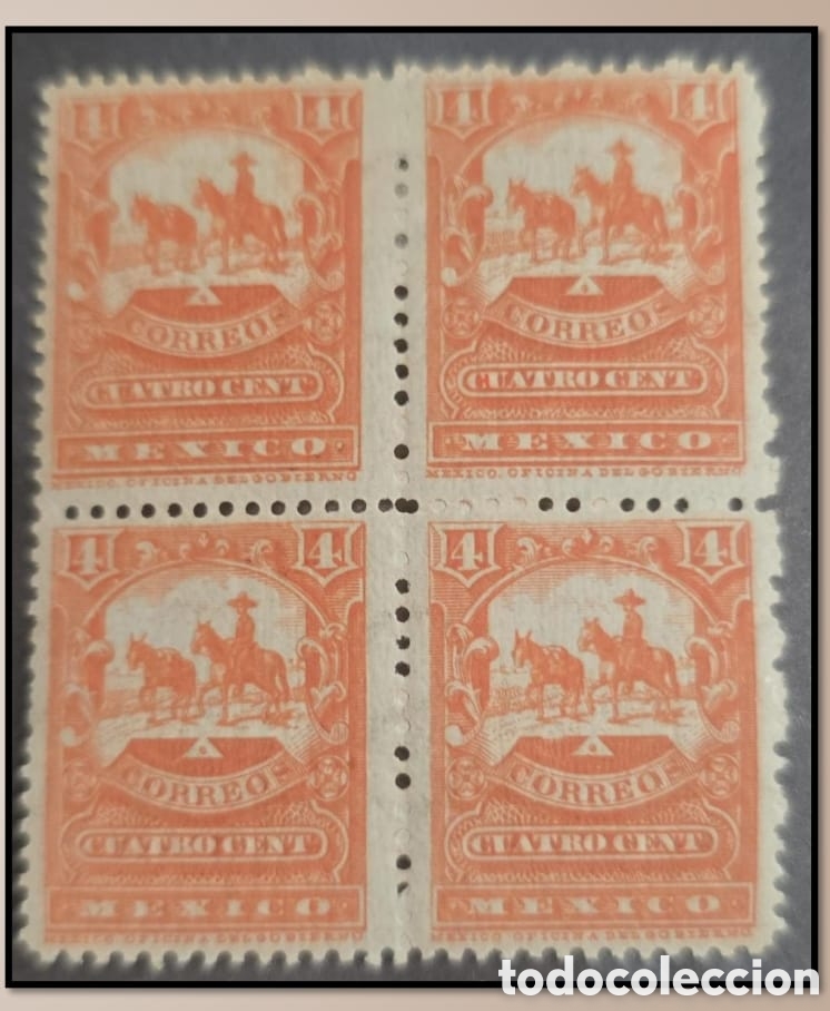 Sellos: SM4)1895. Mexico. Block of 4 Mulitas stamps of 4 centavos. &ldquo;CORREOS EUM&rdquo; watermark. MNH. Scott: