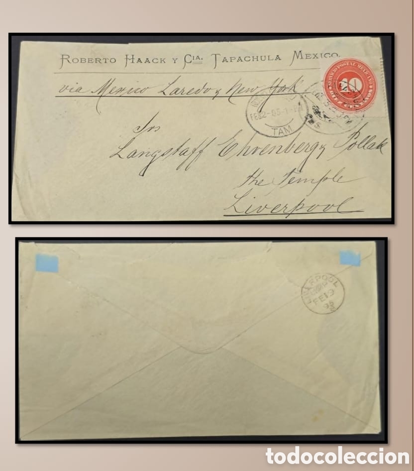 Sellos: SM4) 1895.chiapas. Mexico. Cover circulated from Tapachula, Chiapas to Liverpool, England, via Mex