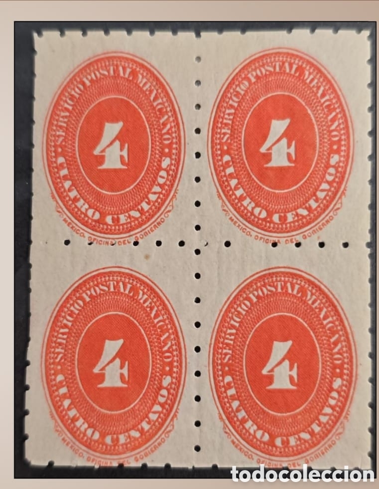 Sellos: SM4)1894. Mexico.Block of 4 numeral medallions of 4 centavos. 6 x Irregular perforation. Mint. S