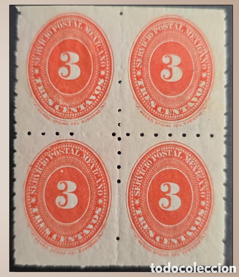 Sellos: SM4) 1894. MEXICO.Block of 4 numeral medallions of 3 centavos. Perforation 6x6. Mint. Scott: 233