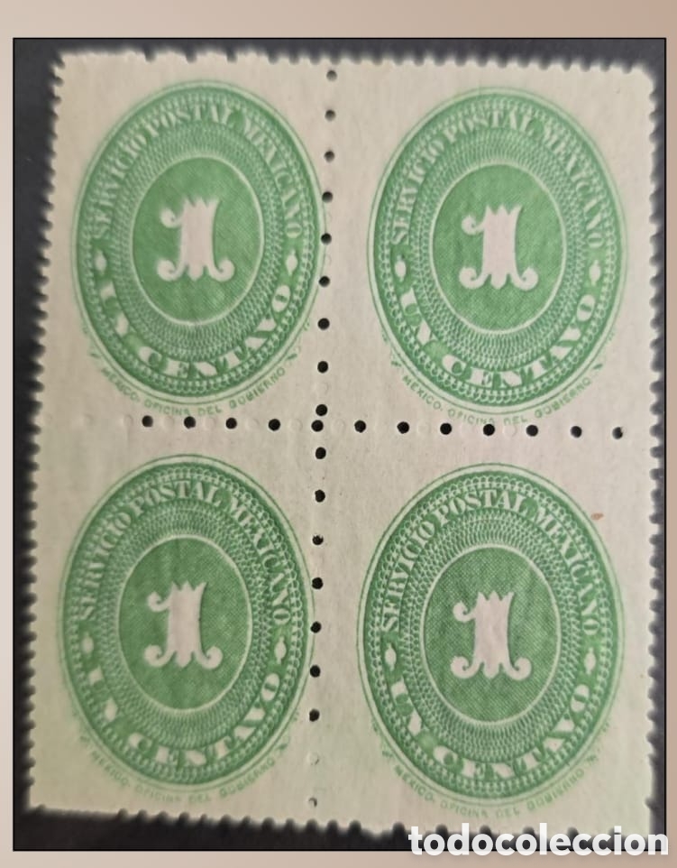 Sellos: SM4)1894. Mexico.Block of 4 numeral medallions of 1 centavo. Irregular perforation. Mint. Scott: 2