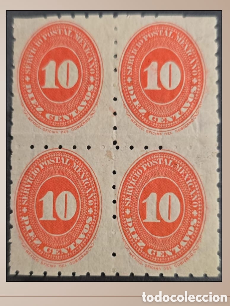 Sellos: SM4)1887. Mexico.Block of 4 numeral medallions of 10 centavos. 6x6 perforation. Mint. Scott: 194