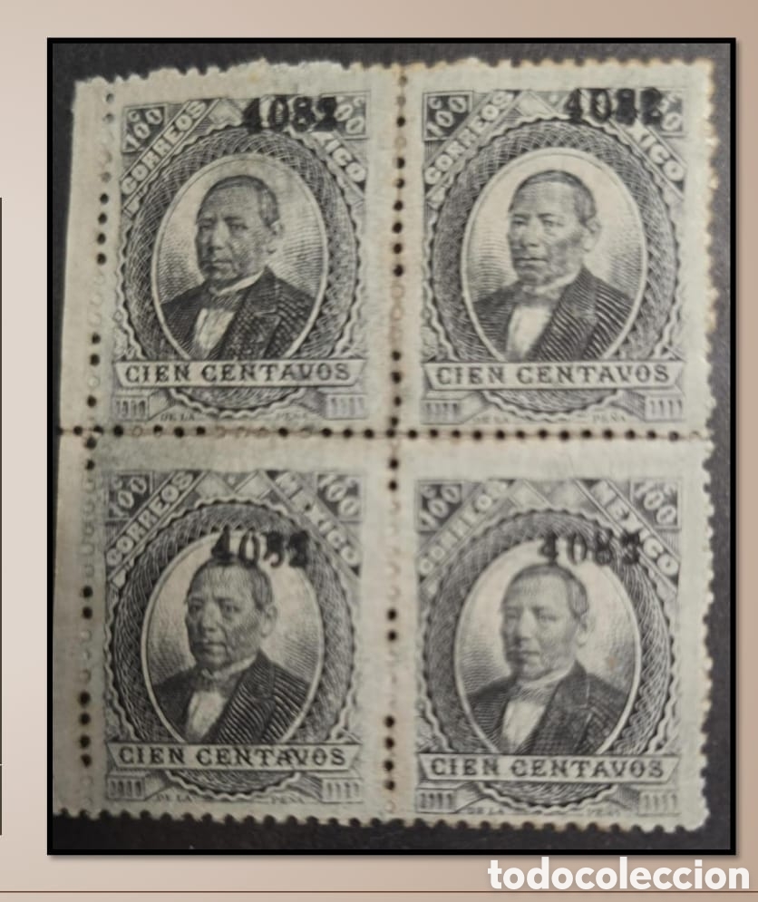 Sellos: SM4)1882 DISTRITO: CHIAPAS. Mexico Benito Ju&aacute;rez, 50 centavos, block of 4, thick paper, Mint. Sc