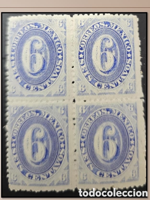 Sellos: SM4)1882- 1883. Mexico. Block of 4 numeral stamps with a face value of 6 centavos, without distric