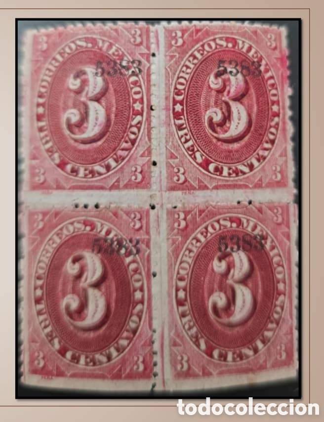Sellos: SM4)1883. Mexico .Block of 4 numeral stamps with a face value of 3 centavos. Mint. Scott: 147. E