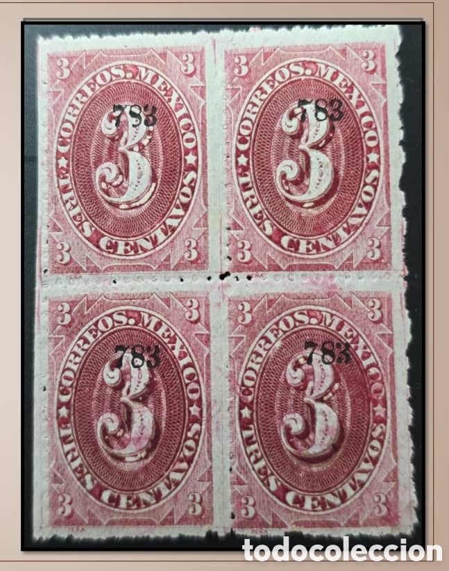 Sellos: SM4)1883. MEXICO Block of 4 numeral stamps with a face value of 3 centavos. Mint. Scott: 147. Es
