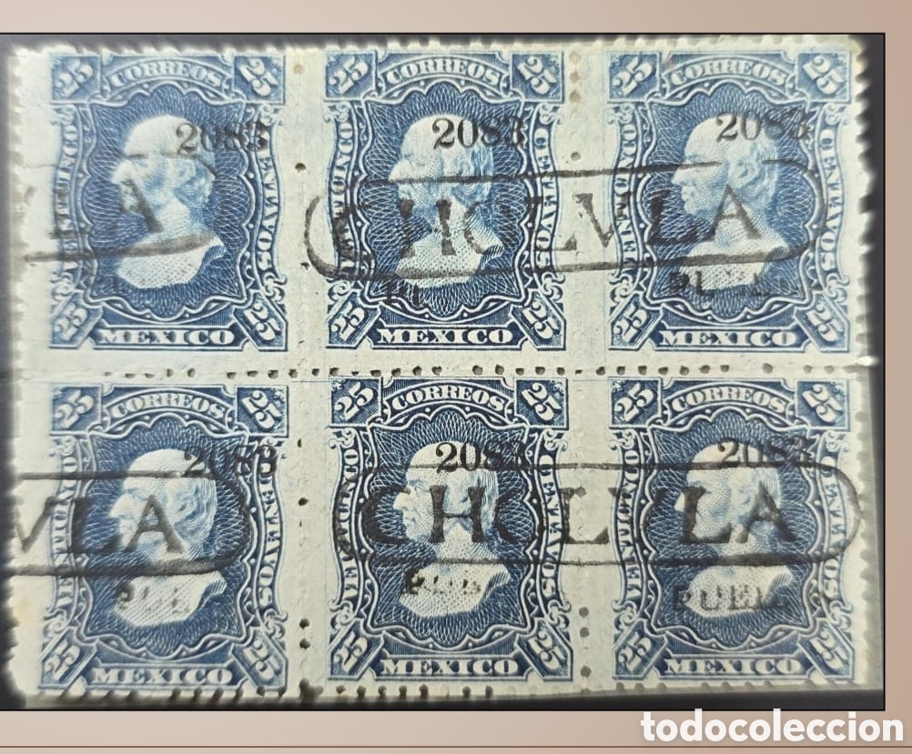 Sellos: SM4)1883. puebla. MEXICO. Block of 6 stamps of 25 centavos, with &rdquo;Cholula&rdquo; cancellation. Thin pape
