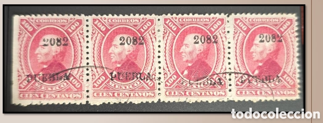 Sellos: SM4) 1882.PUEBLA. Mexico.Strip of 4 stamps, 100 centavos Hidalgos, multiple cancellations. Scott: