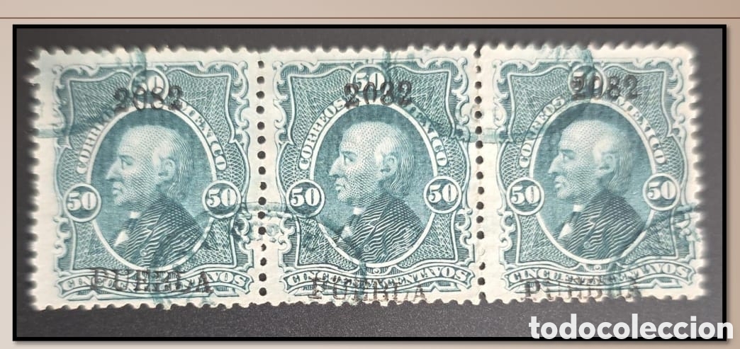 Sellos: SM4)1882. PUEBLA. MEXICO. Strip of 3 stamps of 50 centavos Hidalgo with multiple oval cancellations.