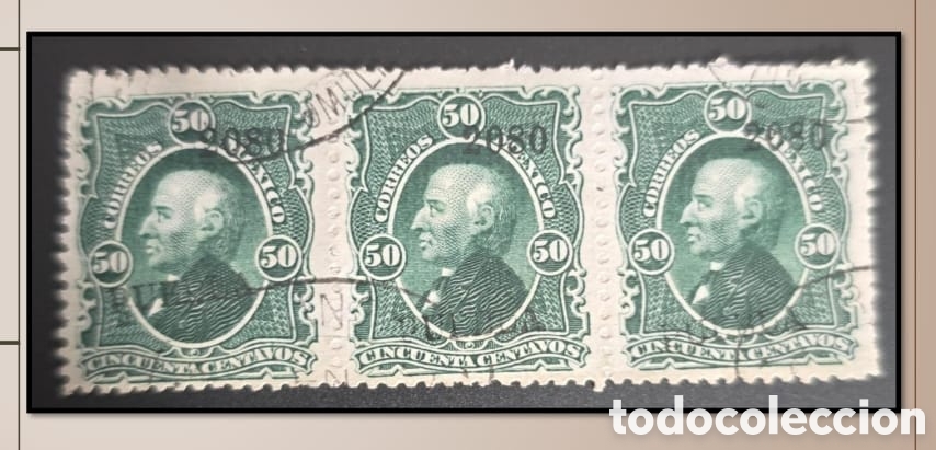 Sellos: SM4)1880. PUEBLA. Mexico. Strip of 3 stamps, 50 centavos Hidalgos, multiple cancellations. Scott: