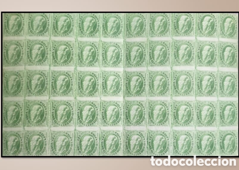 Sellos: SM4)1866. Half sheet of 50 stamps from the Maximilian issue, 50 centavos, engraved, imperforate.