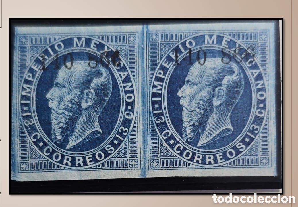 Sellos: SM4)1866 DISTRITO: SAN LUIS POTOS&Iacute;.Engraved Maximilian, pair of 13 centavos. Mint. Scott: 32. Es