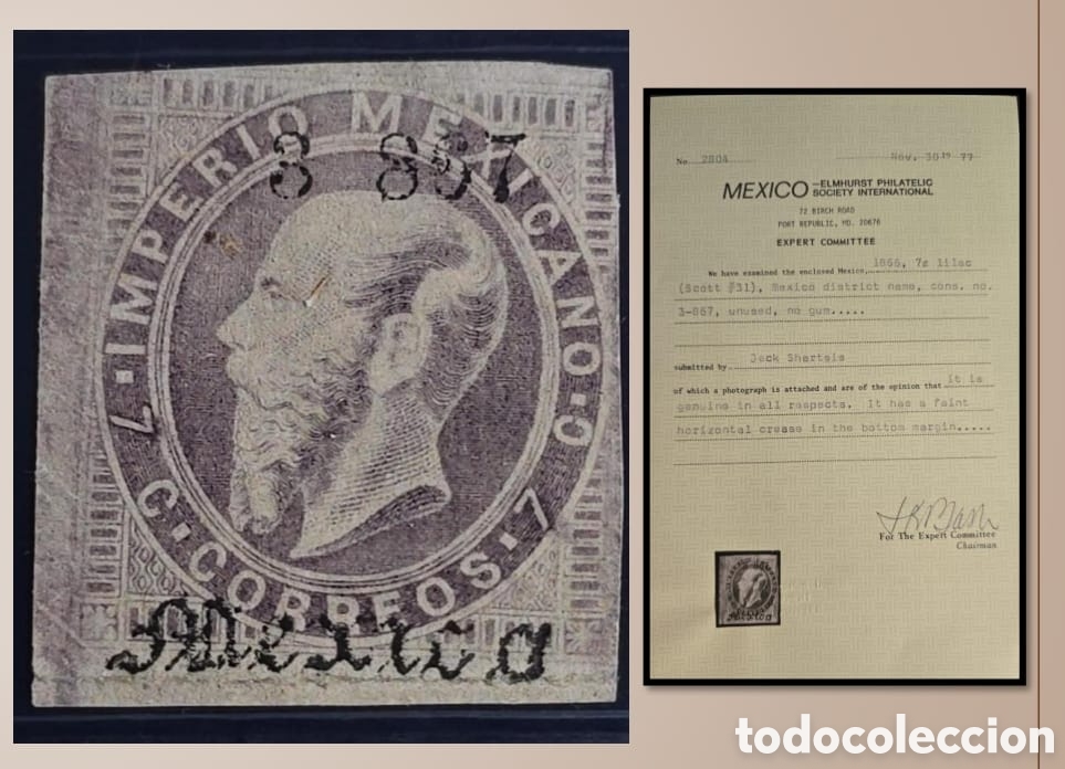 Sellos: SM4)1967.M&Eacute;XICO .Gothic, engraved Maximilian, 7 centavos. Mint. Scott: 31. Estimado: 600 usd