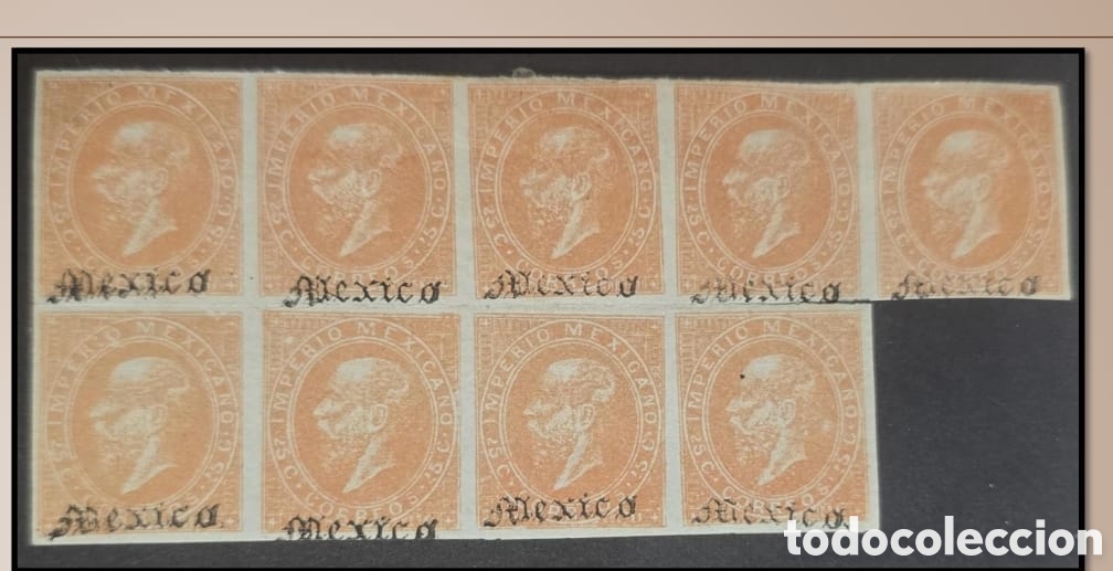 Sellos: SM4)1866 DISTRITO: M&Eacute;XICO.Lithographed Maximilian, sheet of 9 stamps of 25 centavos. Scott: 29.