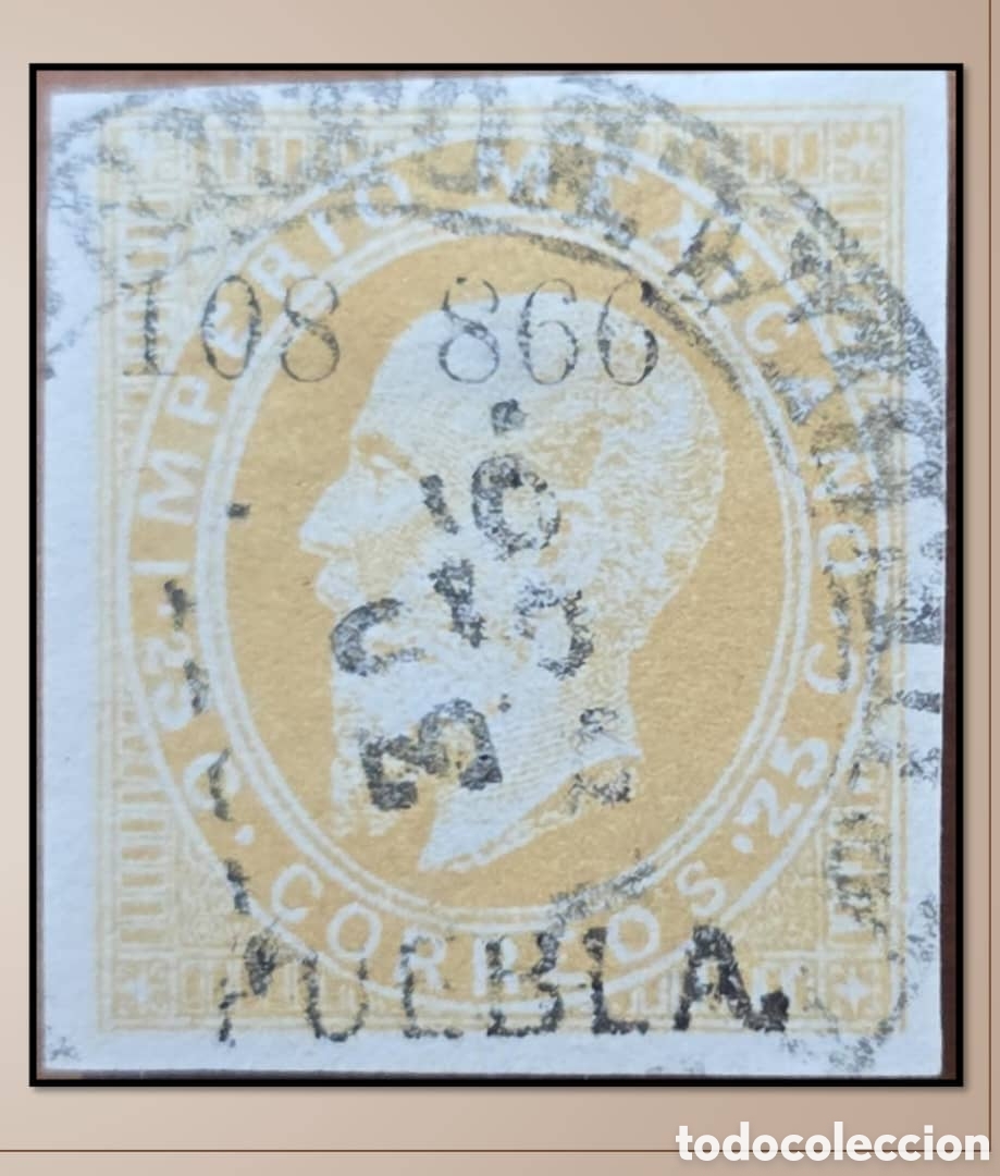 Sellos: SM4)1866 DISTRITO: puebla.MAXIMILIAN LITHOGRAPHED, 25 CENTS WITH DOUBLELINE CIRCULAR CANCELLATION A