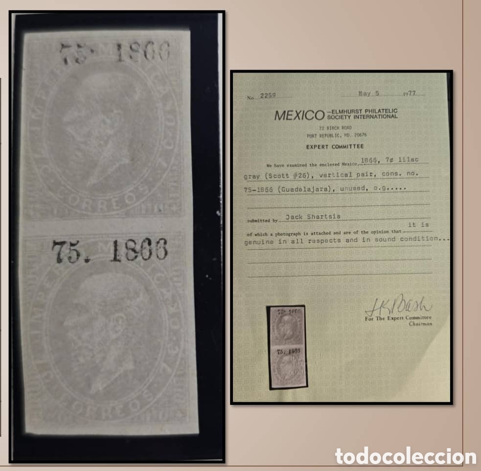Sellos: SM4)1866.GUADALAJARA.Lithographed Maximilian, 7 centavos. Mint. Scott: 26. Estimado: 400 usd
