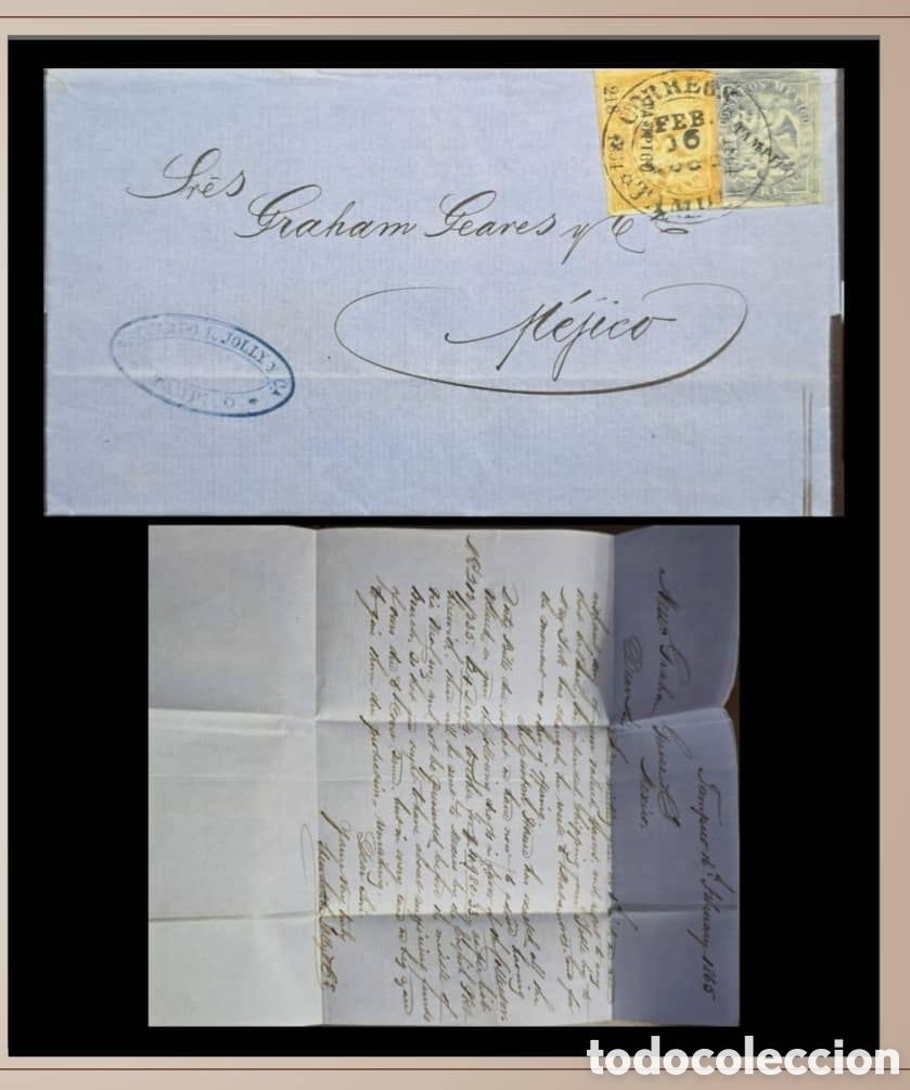 Sellos: SM4)1865.DISTRITO: TAMPICO Circulated cover with content from Tampico to Mexico, with 1 and 2 reales
