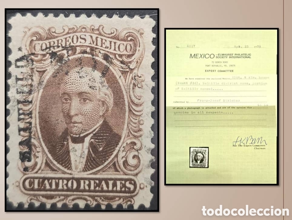 Sellos: SM4)1864. Saltillo Saltillo, 4 reales with cancellation. With certificate. Scott: 16. 4000 usd