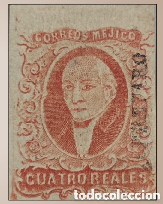 Sellos: SM4)1856QUER&Eacute;TARO4 reales, wide top margin. Plate I. Double transfer on the bottom part. Mint. Sco