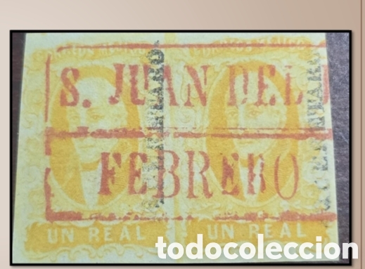 Sellos: SM4)1856Quer&eacute;taro, pair of 1 real with box cancellation in red color of San Juan del R&iacute;o and dat