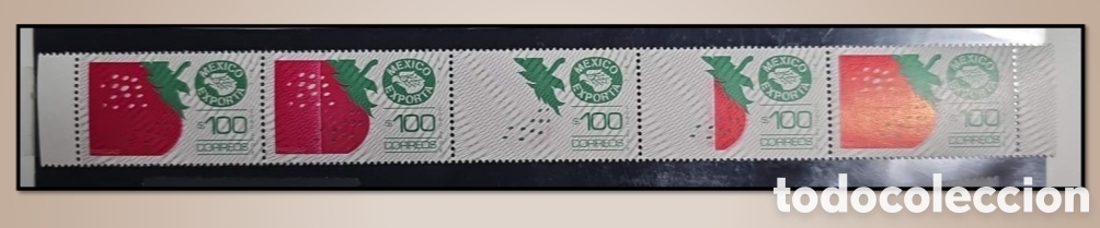 Sellos: SM4)5TA SERIE.Printing error, Mexico Exporta Strawberries. Omission of red color on the third stamp