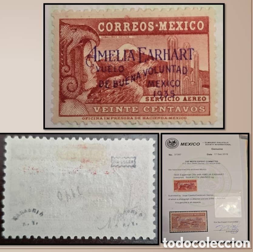 Sellos: SM4)1935.Airmail, Knight and Eagle, 20 centavos with overprint &rdquo;Amelia Earhart, Goodwill Flight Me