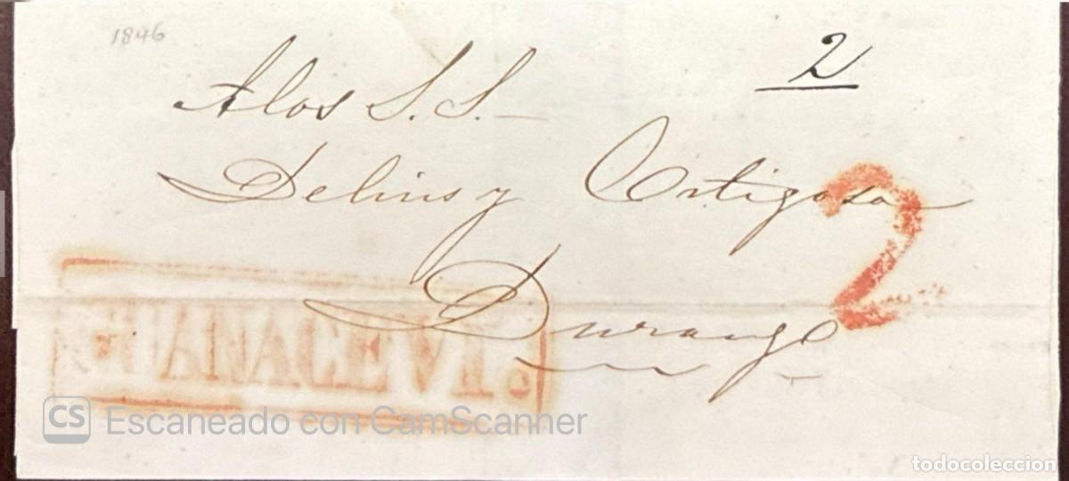 Sellos: MI) 1846 MEXICO, PRE-PHILATELIC COVER CIRCULATED VIA DURANGO; FEATURES A RECTANGULAR ORANGE-RED &rdquo;GUA