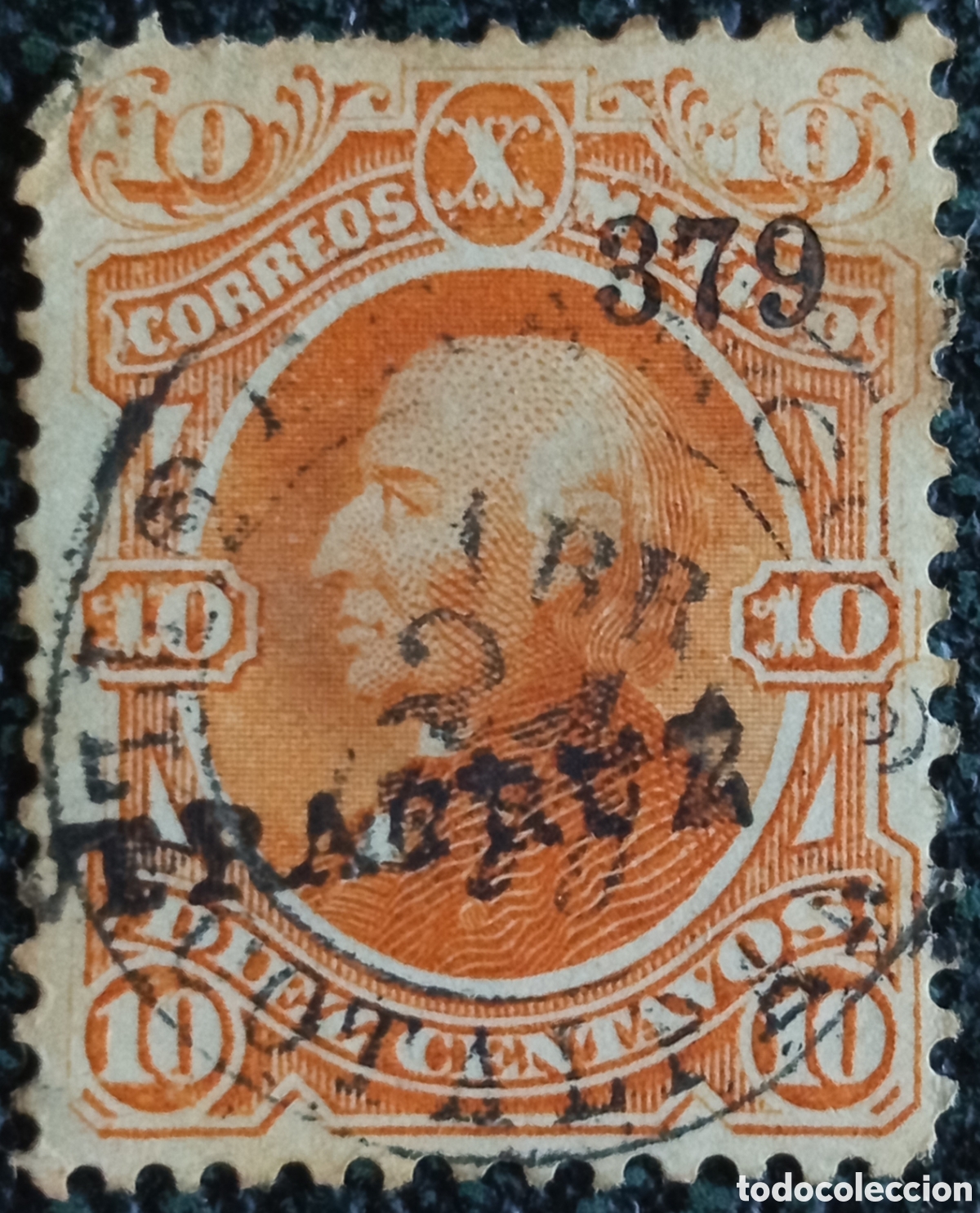 Sellos: Sello Mexico Juarez 10c Naranja 1879 Sobrecarga Tabasco Scott#127 Usado