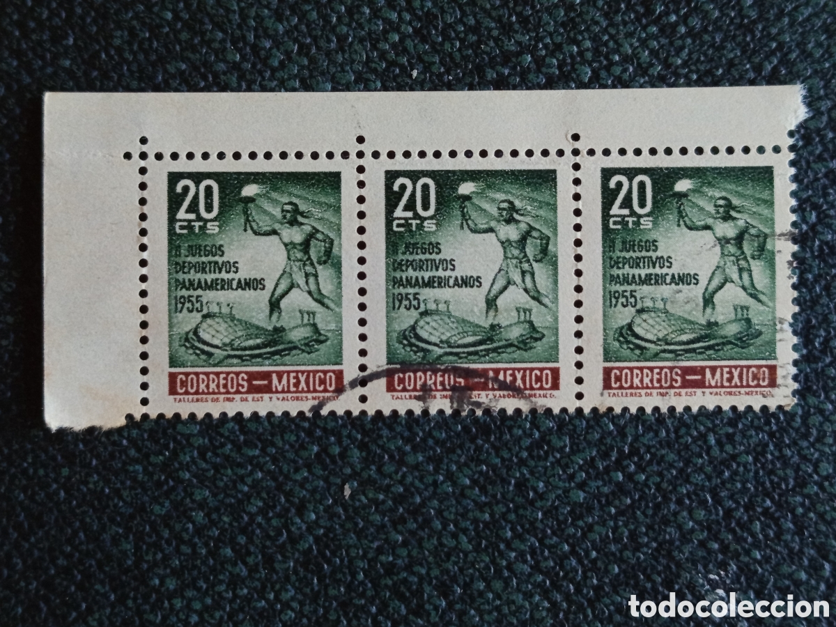 Sellos: Tira 3 Sellos Mexico Juegos Panamericanos 20c Verde Scott#889 Usados