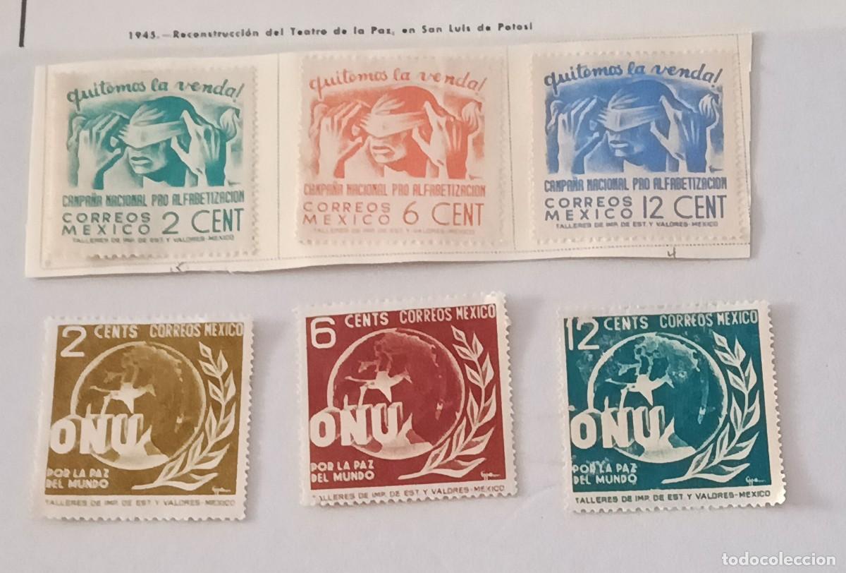 Sellos: Sellos M&eacute;xico 1945 y 1946 Campa&ntilde;a nacional de alfabetizaci&oacute;n y 1&ordm; Aniversario de la ONU