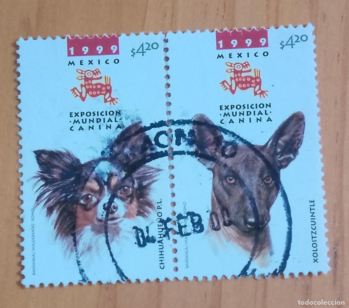 Sellos: M&Eacute;XICO - TIRA CON 2 SELLOS - EXPOSICI&Oacute;N MUNDIAL CANINA 1999, V/F12,20 - VER DESCRIPCI&Oacute;N