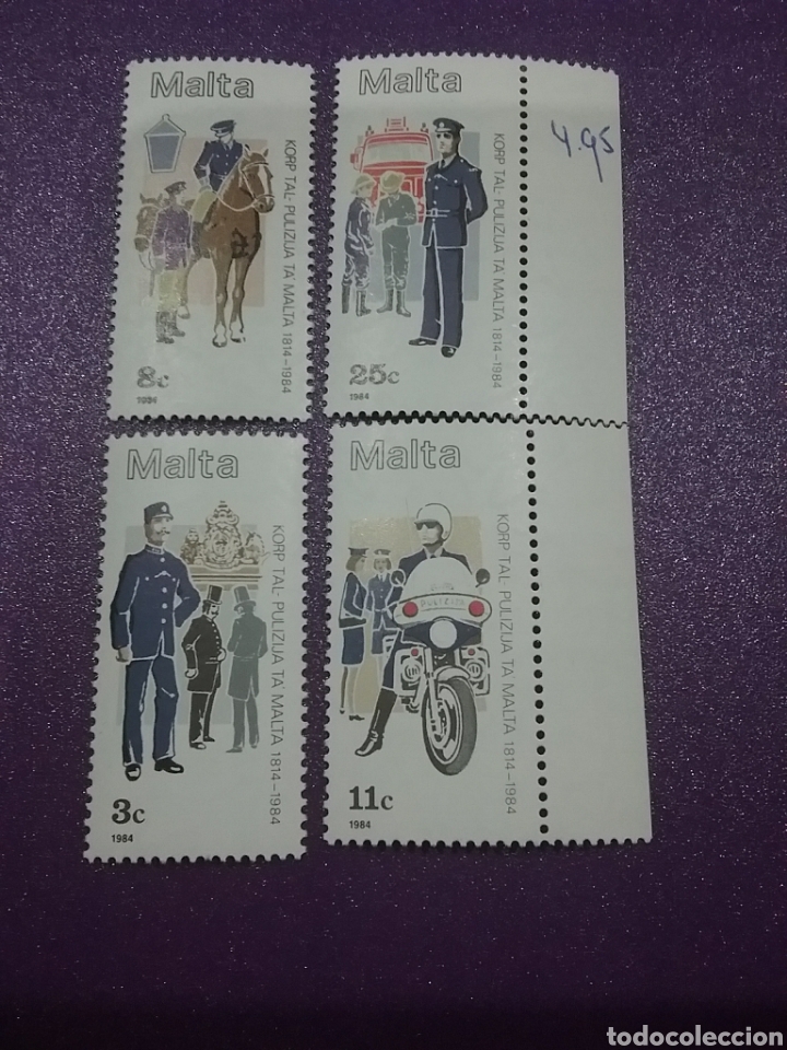 Timbres: Sellos Malta nuevos/1984/175Aniv/policia/nacional/caballo/mamifero/moto/ciclomotor/camion/uniforme/t