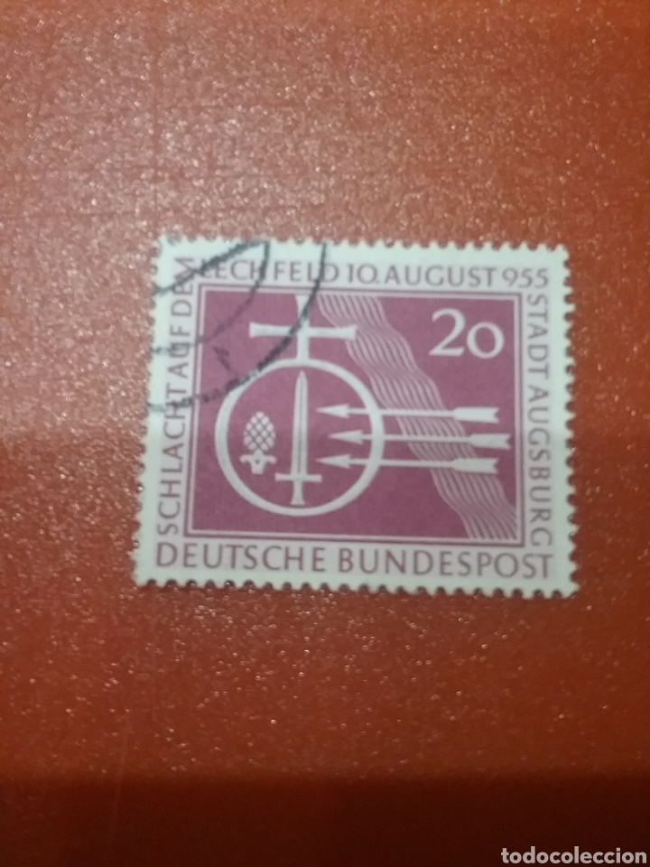 Timbres: Sellos Alemania. R. Federal mtdos/1955/milenario/batalla/Lechfeld/militar/flecha/cruz/emblema/evento