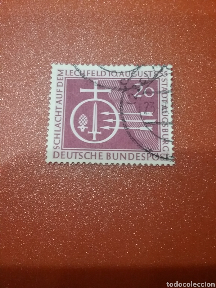 Timbres: Sellos Alemania. R. Federal mtdos/1955/milenario/batalla/Lechfeld/militar/flecha/cruz/emblema/evento