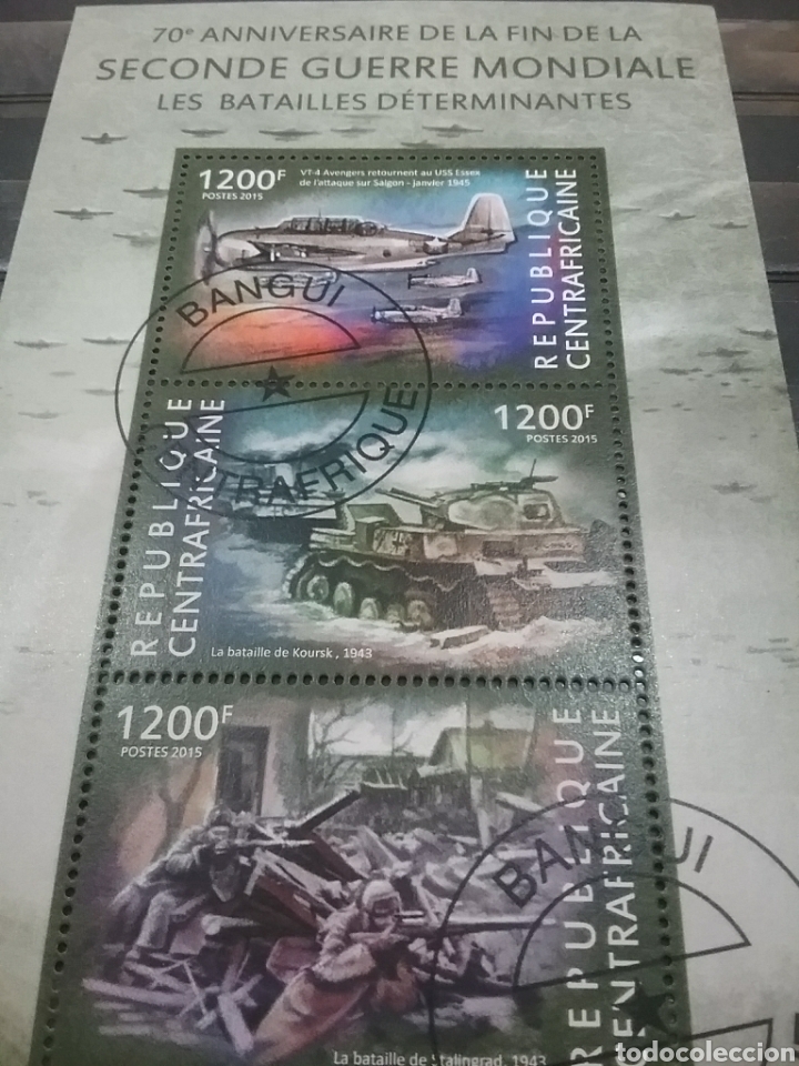 Sellos: HB Centroafricana mtda/2015/70Aniv/fin/segunda/guerra/mundial/batallas/militar/aviones/tanque/soldad