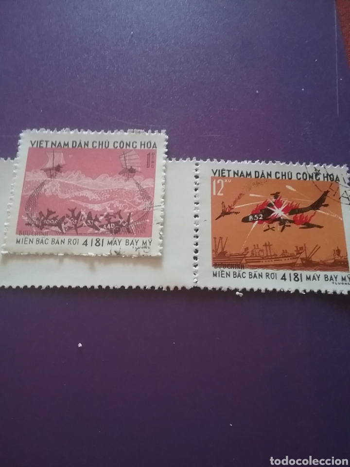 Sellos: Sello Vietnam Norte mtdo(2 de 4v)/1973/victoria/sobre/fuerza/a&eacute;rea/aviones/aviacion/militar/guerra
