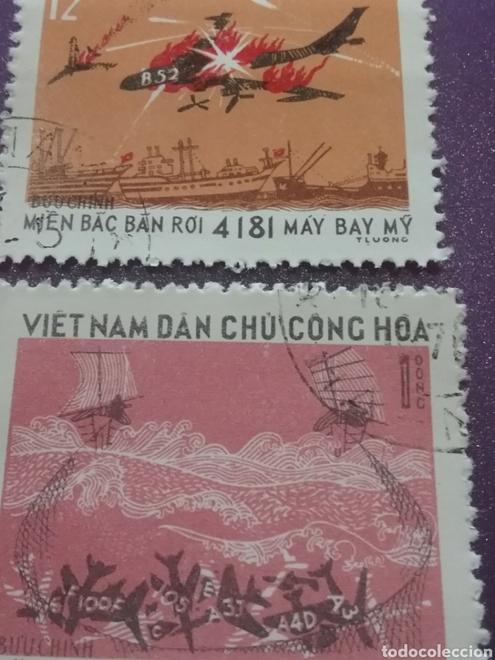 Sellos: Sello Vietnam Norte mtdo(2 de 4v)/1973/victoria/sobre/fuerza/a&eacute;rea/aviones/aviacion/militar/guerra/b