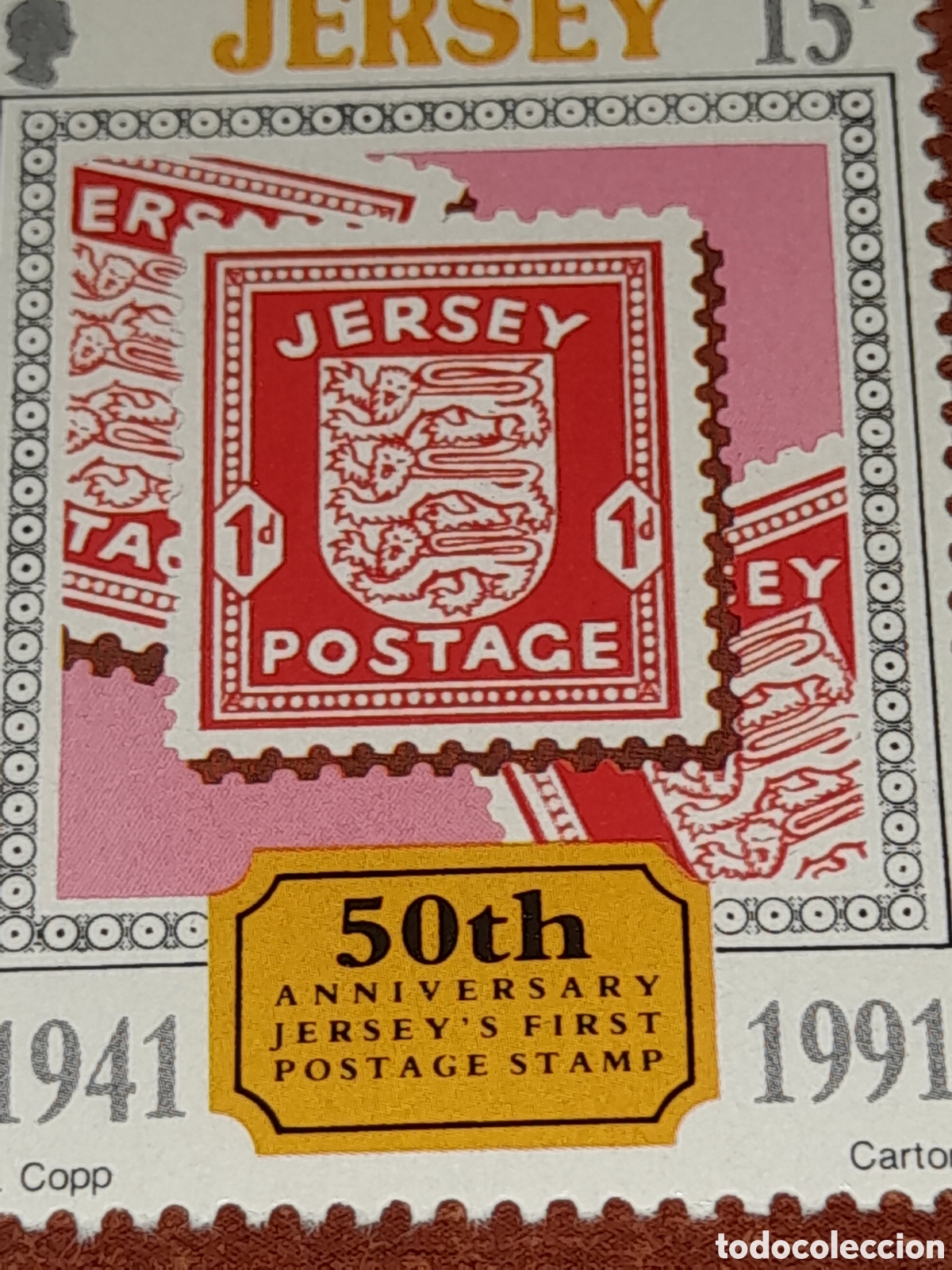 Sellos: Sello (1/5v) Jersey nuevo 1991. 50Aniv primer sello. Escudo armas. Animales heraldicos. Tigre..